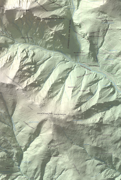 Mapa de relieve de Gra de Fajol, 2714 m, Ripollès, lámina 100 Cims de Trobart. Detalle de la zona inferior derecha. 61 × 91 cm.