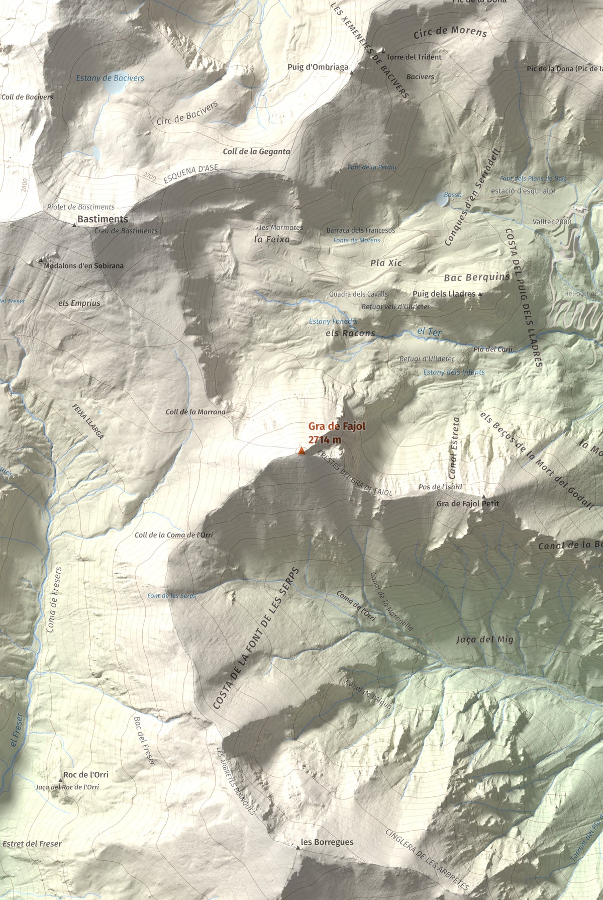 Mapa de relieve de Gra de Fajol, 2714 m, Ripollès, lámina 100 Cims de Trobart. Detalle de la zona central. 61 × 91 cm.