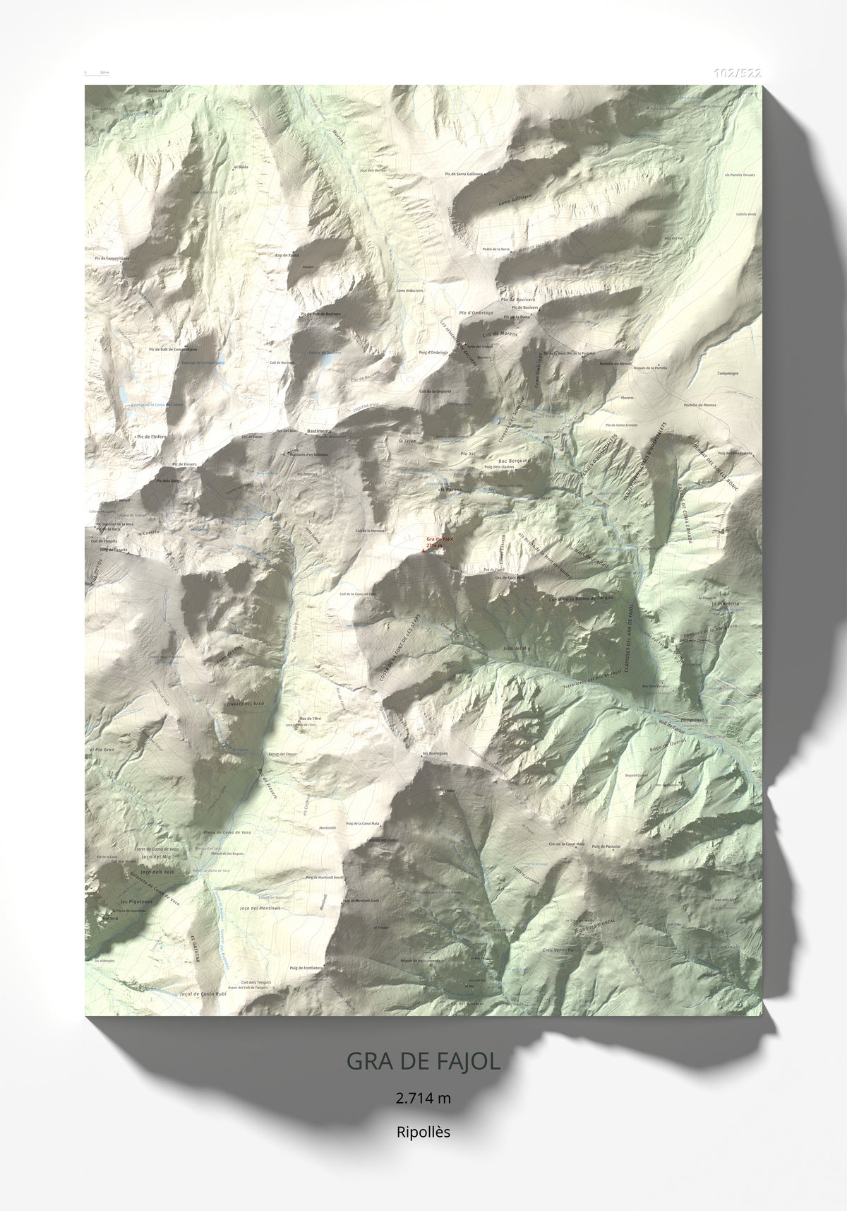 Mapa de relieve de Gra de Fajol, 2714 m, Ripollès, lámina 100 Cims de Trobart 70 × 100 cm.