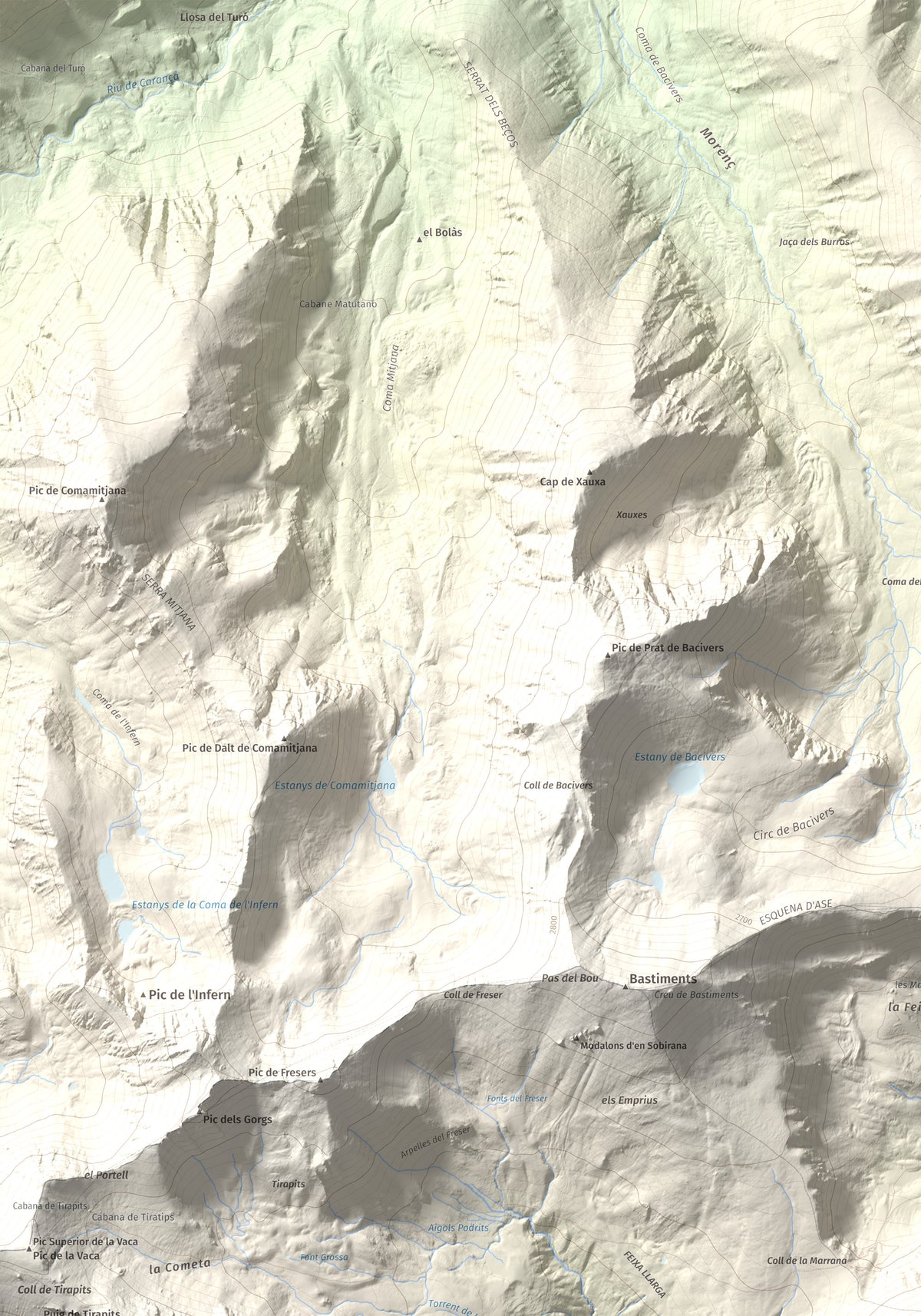 Mapa de relieve de Gra de Fajol, 2714 m, Ripollès, lámina 100 Cims de Trobart. Detalle de la zona superior izquierda. 70 × 100 cm.