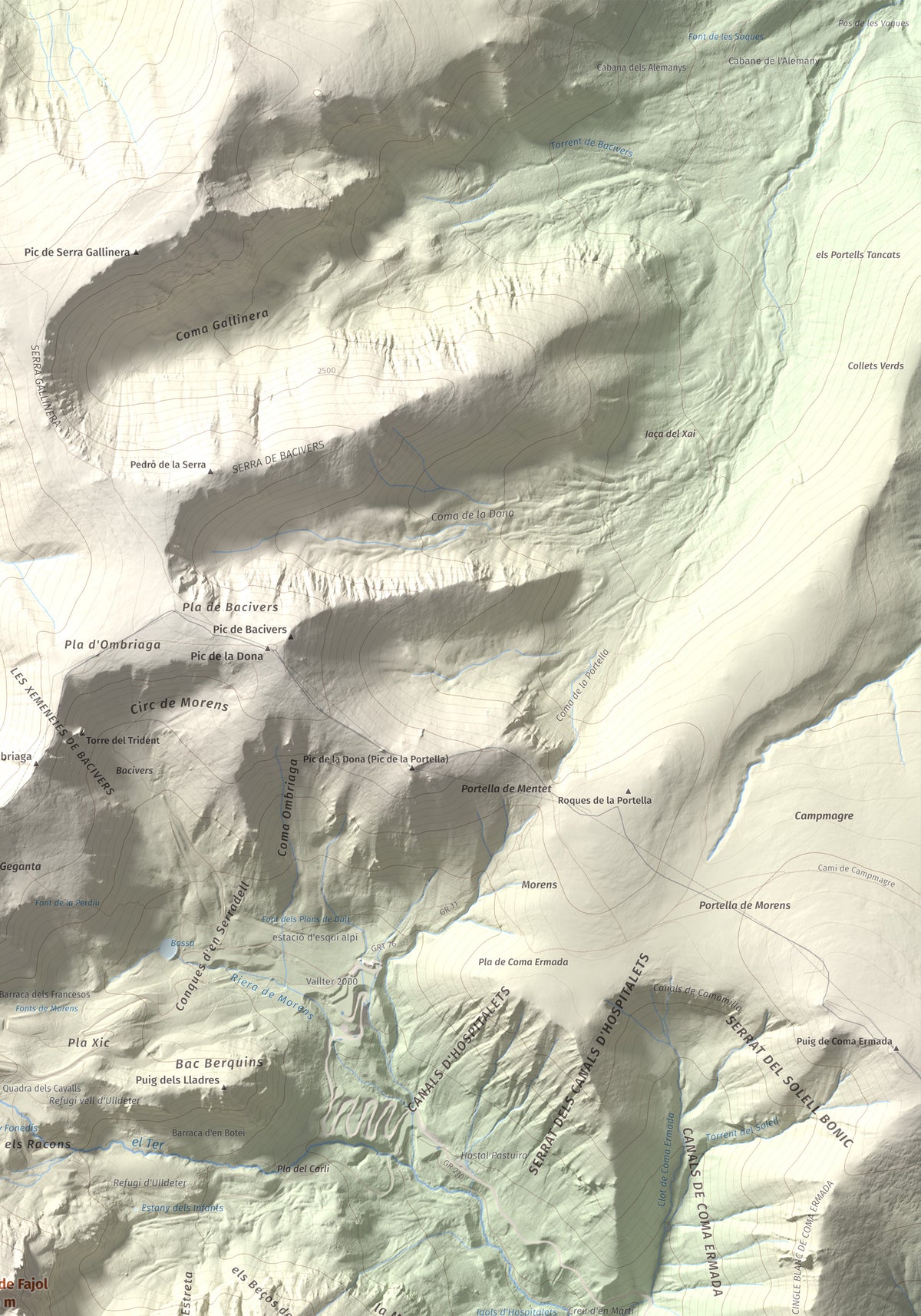 Mapa de relieve de Gra de Fajol, 2714 m, Ripollès, lámina 100 Cims de Trobart. Detalle de la zona superior derecha. 70 × 100 cm.