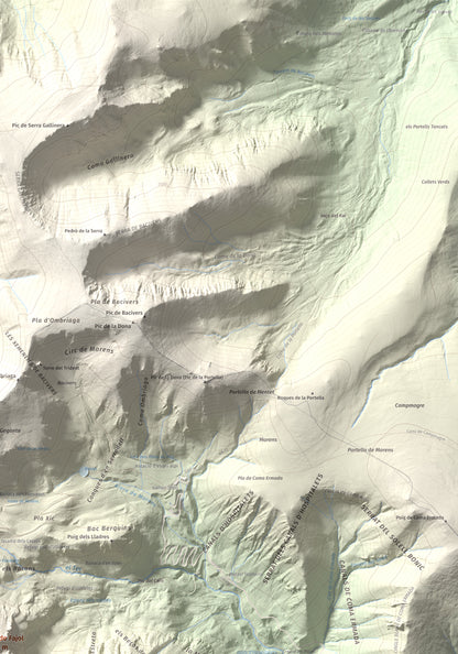Mapa de relieve de Gra de Fajol, 2714 m, Ripollès, lámina 100 Cims de Trobart. Detalle de la zona superior derecha. 70 × 100 cm.