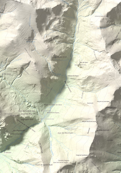 Mapa de relieve de Gra de Fajol, 2714 m, Ripollès, lámina 100 Cims de Trobart. Detalle de la zona inferior izquierda. 70 × 100 cm.