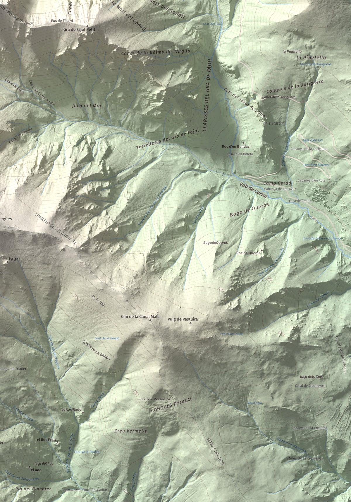 Mapa de relieve de Gra de Fajol, 2714 m, Ripollès, lámina 100 Cims de Trobart. Detalle de la zona inferior derecha. 70 × 100 cm.