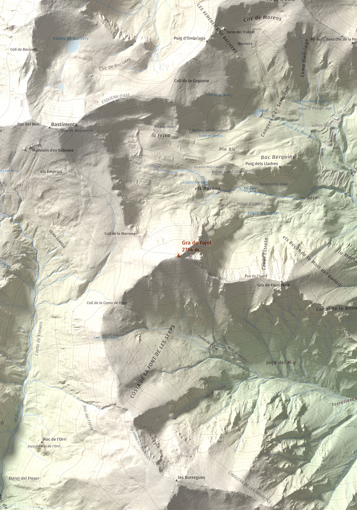 Mapa de relieve de Gra de Fajol, 2714 m, Ripollès, lámina 100 Cims de Trobart. Detalle de la zona central. 70 × 100 cm.