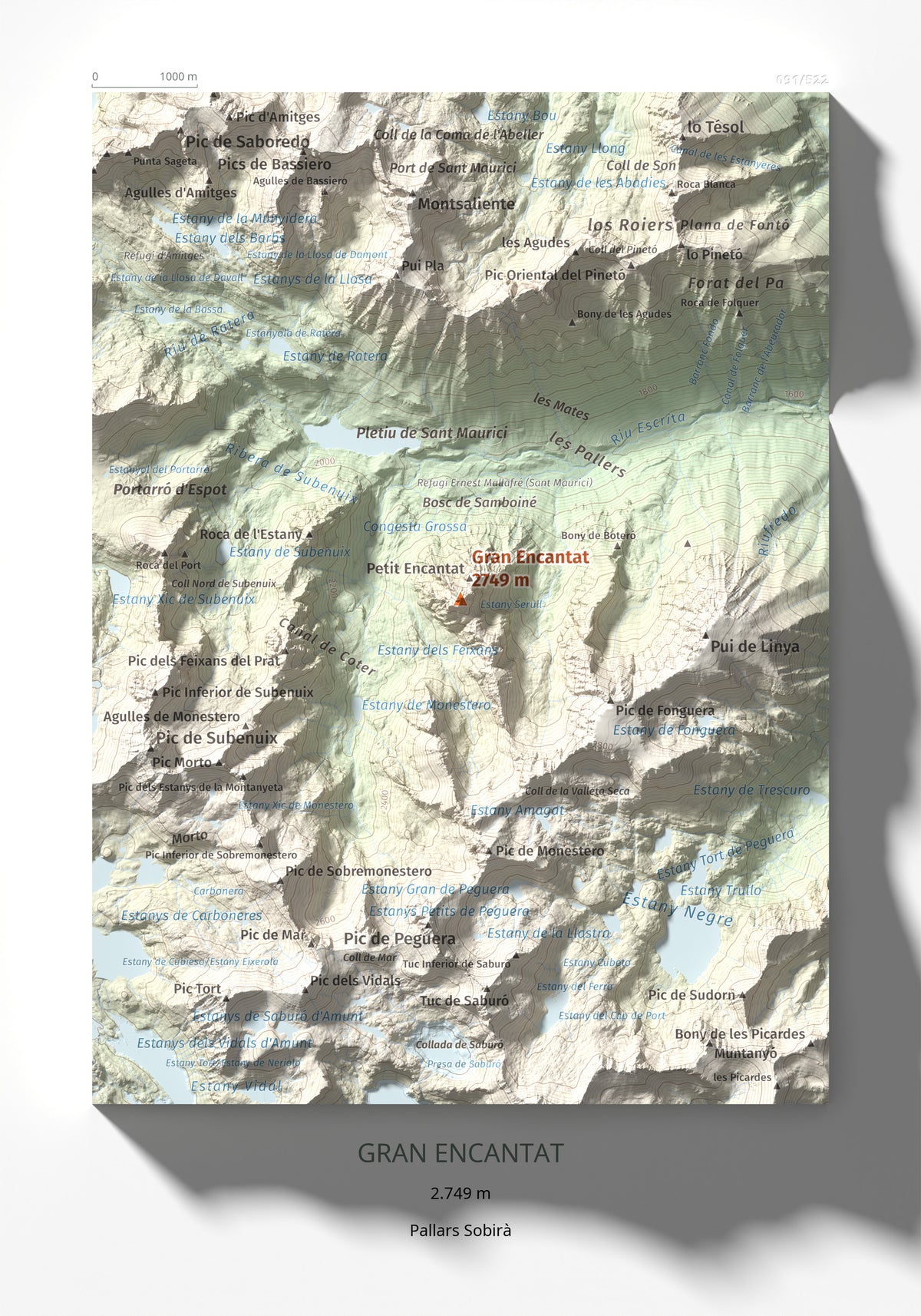 Mapa de relieve de Gran Encantat, 2749 m, Pallars Sobirà, lámina 100 Cims de Trobart 21 × 30 cm.