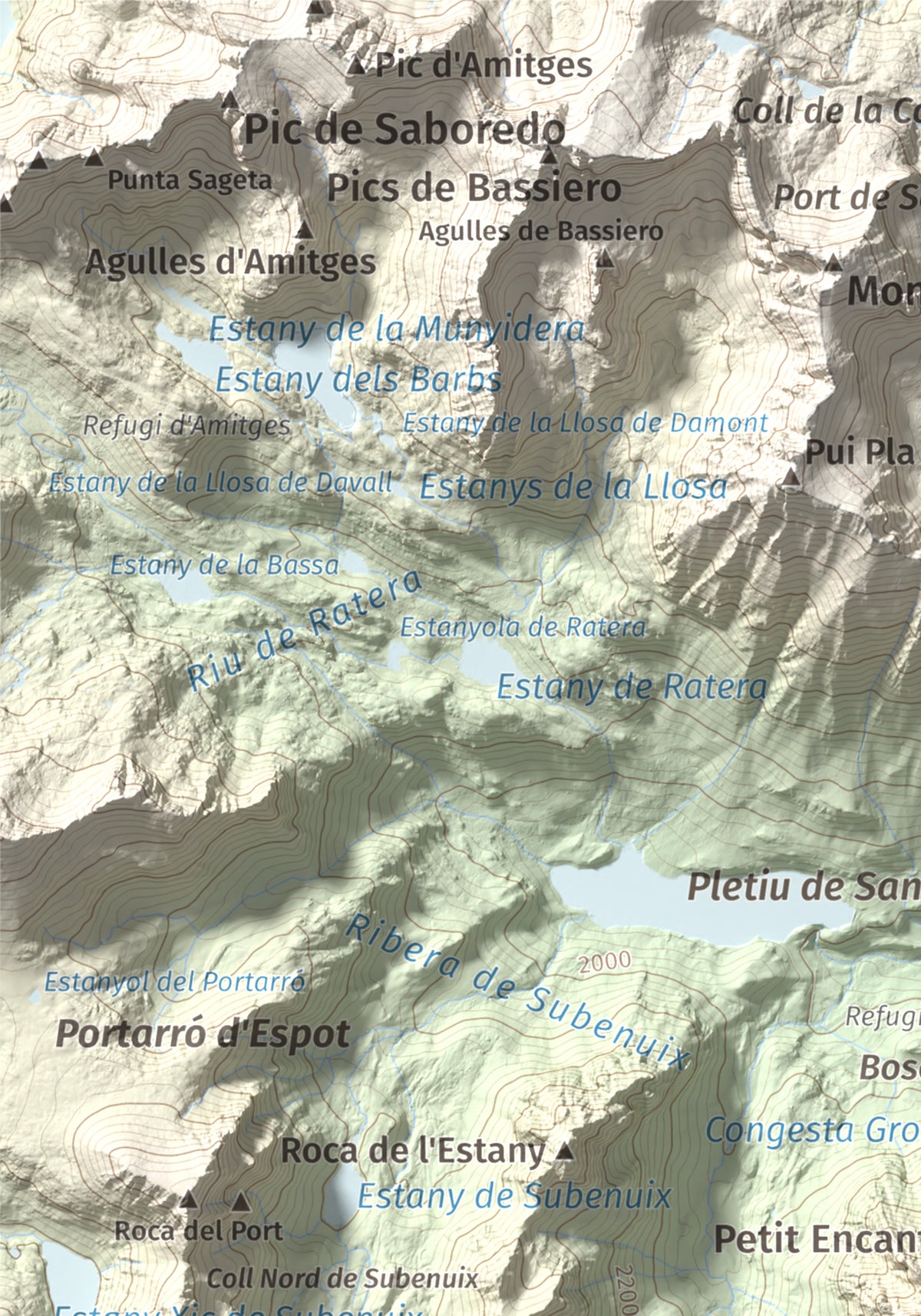 Mapa de relieve de Gran Encantat, 2749 m, Pallars Sobirà, lámina 100 Cims de Trobart. Detalle de la zona superior izquierda. 21 × 30 cm.
