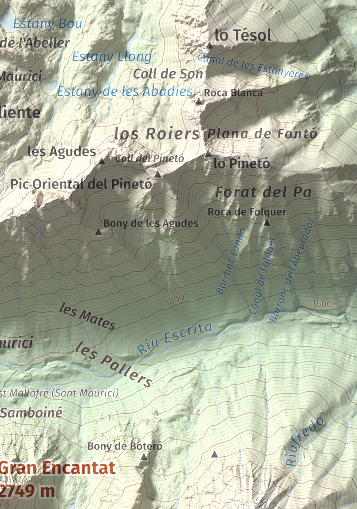 Mapa de relieve de Gran Encantat, 2749 m, Pallars Sobirà, lámina 100 Cims de Trobart. Detalle de la zona superior derecha. 21 × 30 cm.
