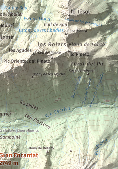 Mapa de relieve de Gran Encantat, 2749 m, Pallars Sobirà, lámina 100 Cims de Trobart. Detalle de la zona superior derecha. 21 × 30 cm.