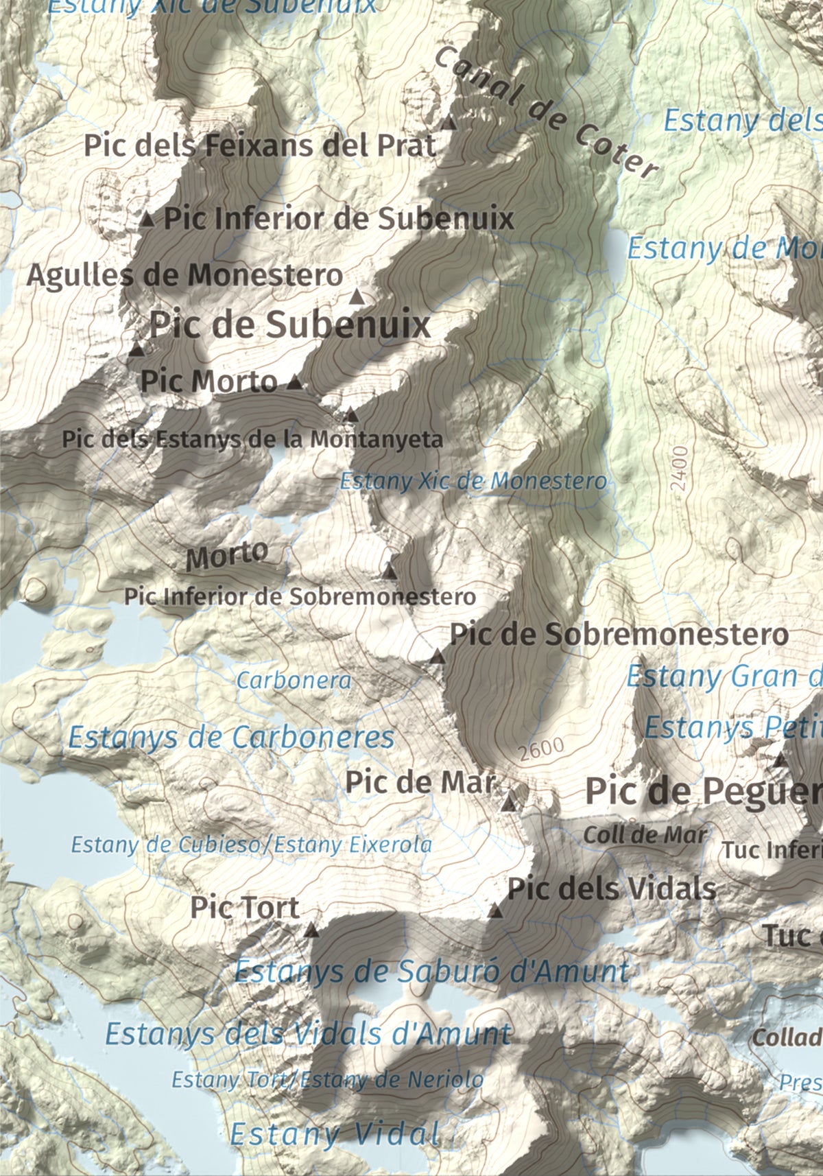 Mapa de relieve de Gran Encantat, 2749 m, Pallars Sobirà, lámina 100 Cims de Trobart. Detalle de la zona inferior izquierda. 21 × 30 cm.