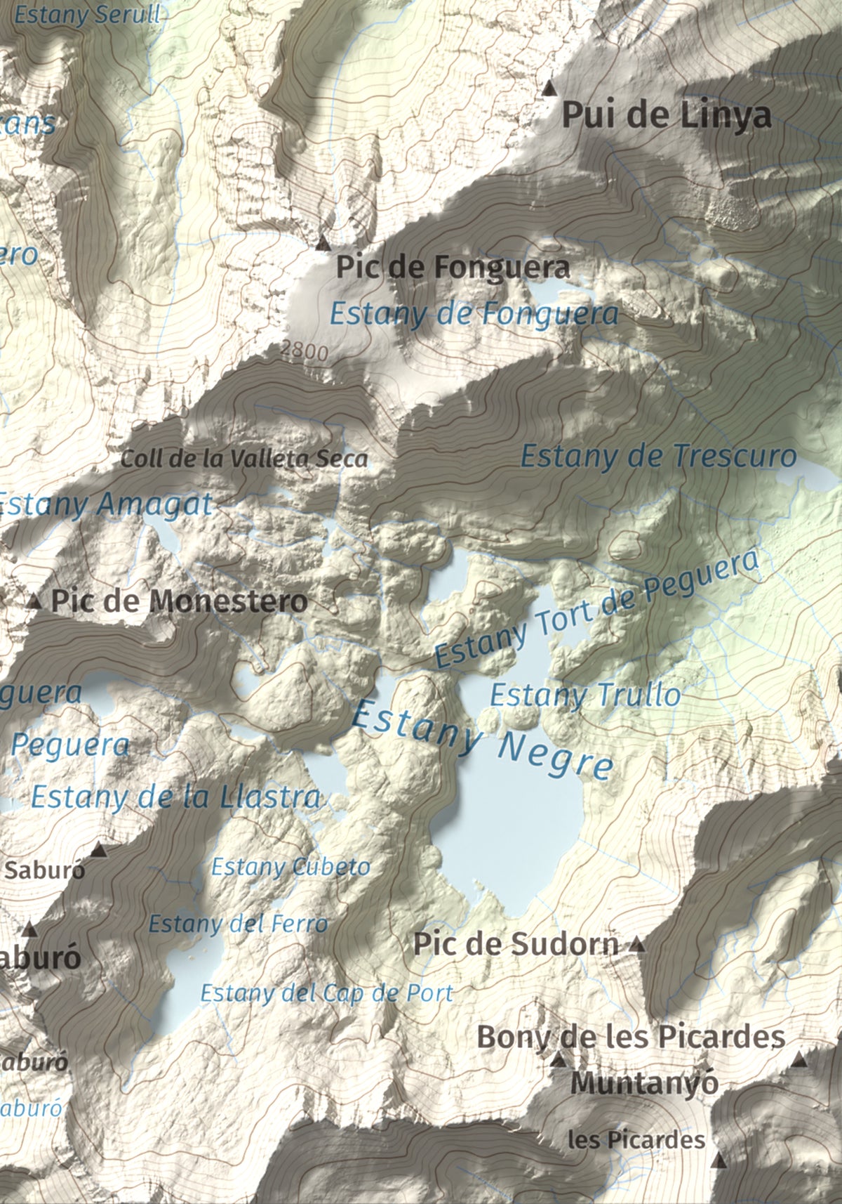 Mapa de relieve de Gran Encantat, 2749 m, Pallars Sobirà, lámina 100 Cims de Trobart. Detalle de la zona inferior derecha. 21 × 30 cm.