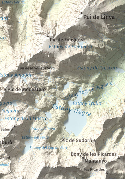 Mapa de relieve de Gran Encantat, 2749 m, Pallars Sobirà, lámina 100 Cims de Trobart. Detalle de la zona inferior derecha. 21 × 30 cm.