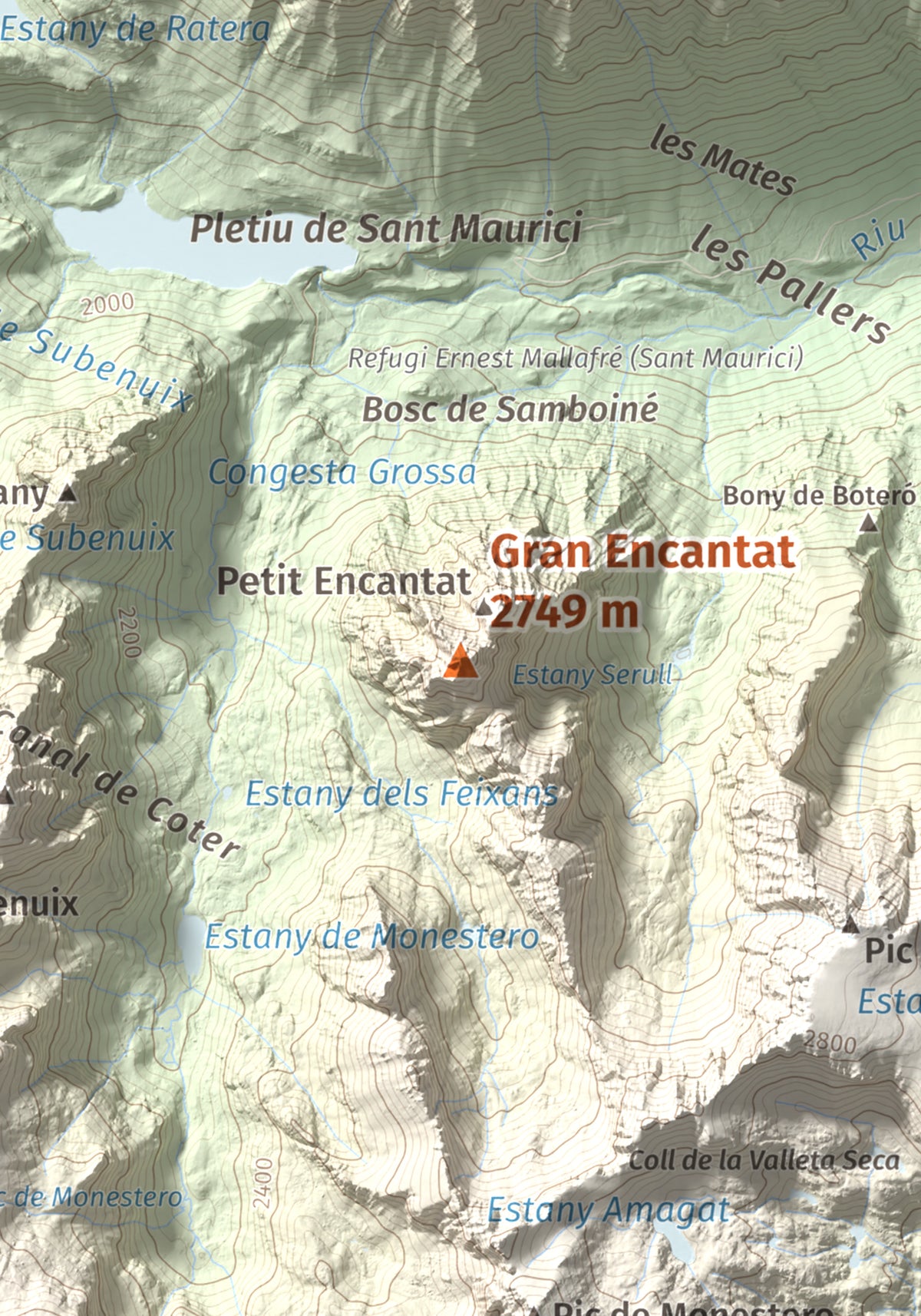 Mapa de relieve de Gran Encantat, 2749 m, Pallars Sobirà, lámina 100 Cims de Trobart. Detalle de la zona central. 21 × 30 cm.