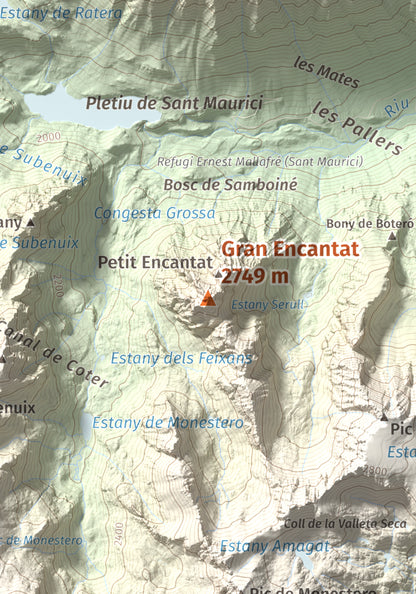 Mapa de relieve de Gran Encantat, 2749 m, Pallars Sobirà, lámina 100 Cims de Trobart. Detalle de la zona central. 21 × 30 cm.