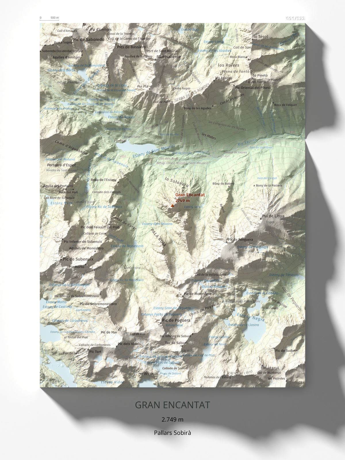 Mapa de relieve de Gran Encantat, 2749 m, Pallars Sobirà, lámina 100 Cims de Trobart 30 × 40 cm.