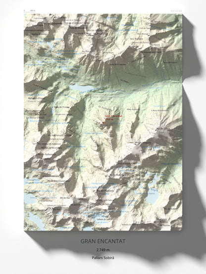 Mapa de relieve de Gran Encantat, 2749 m, Pallars Sobirà, lámina 100 Cims de Trobart 30 × 40 cm.