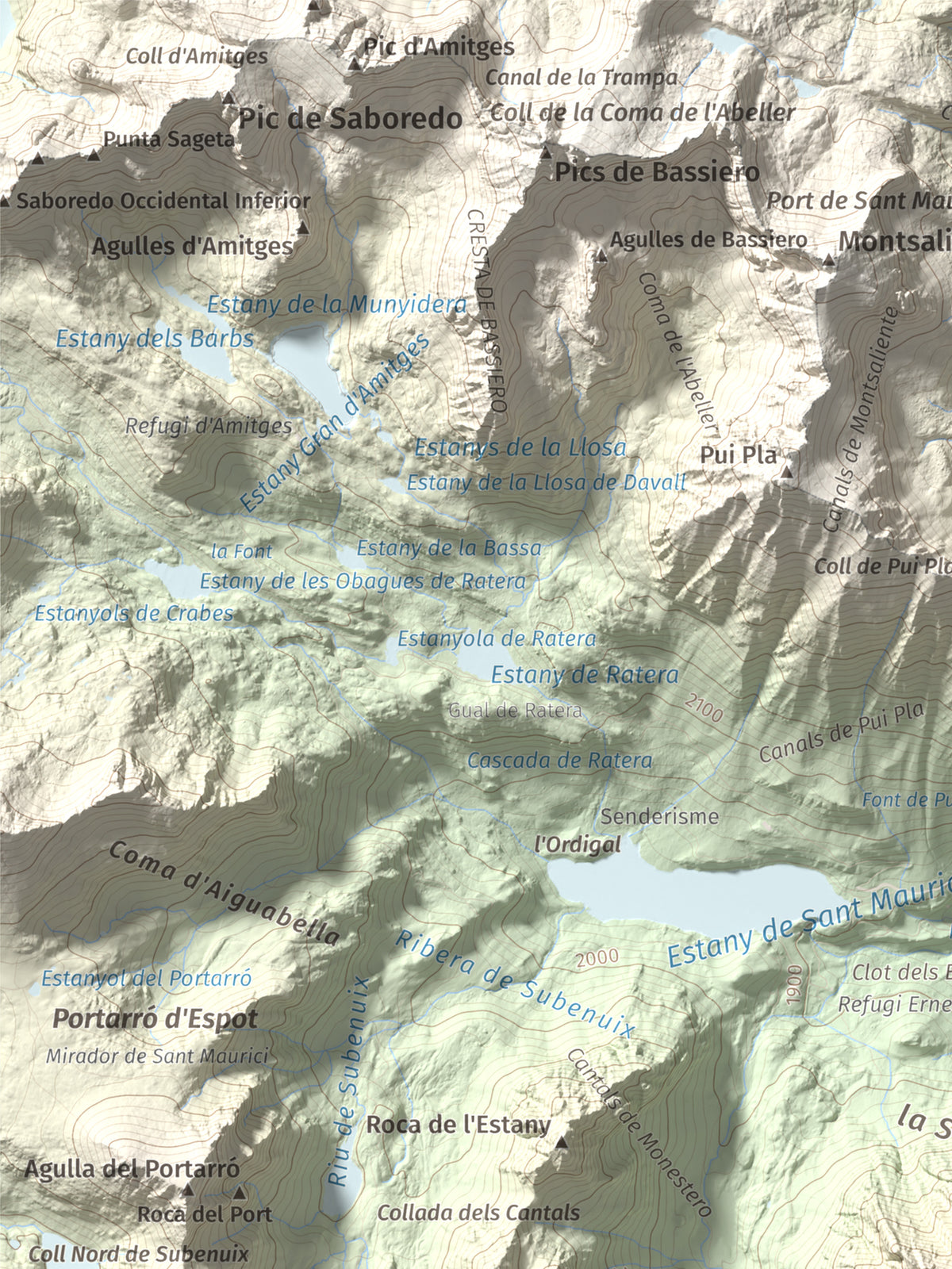 Mapa de relieve de Gran Encantat, 2749 m, Pallars Sobirà, lámina 100 Cims de Trobart. Detalle de la zona superior izquierda. 30 × 40 cm.