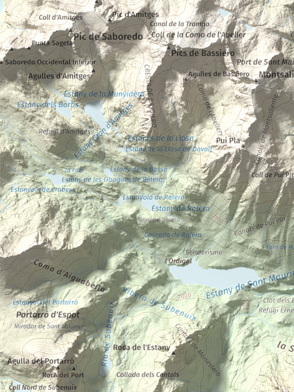 Mapa de relieve de Gran Encantat, 2749 m, Pallars Sobirà, lámina 100 Cims de Trobart. Detalle de la zona superior izquierda. 30 × 40 cm.