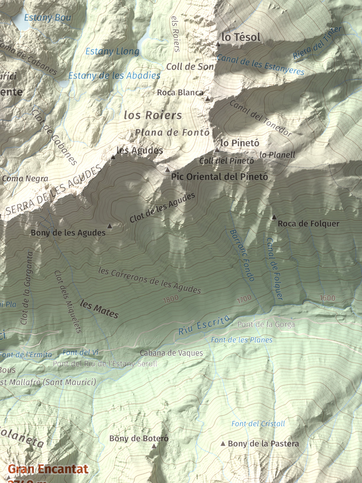 Mapa de relieve de Gran Encantat, 2749 m, Pallars Sobirà, lámina 100 Cims de Trobart. Detalle de la zona superior derecha. 30 × 40 cm.