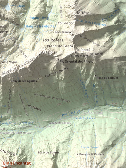Mapa de relieve de Gran Encantat, 2749 m, Pallars Sobirà, lámina 100 Cims de Trobart. Detalle de la zona superior derecha. 30 × 40 cm.