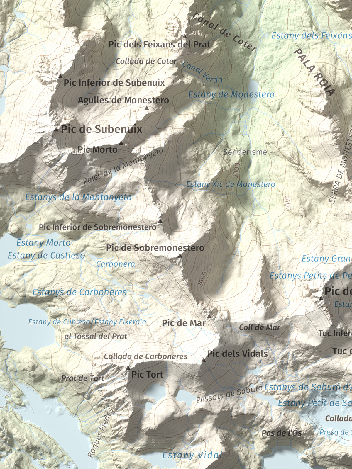 Mapa de relieve de Gran Encantat, 2749 m, Pallars Sobirà, lámina 100 Cims de Trobart. Detalle de la zona inferior izquierda. 30 × 40 cm.