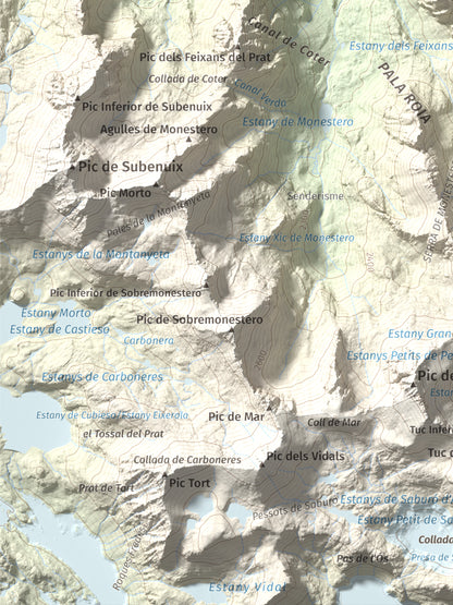 Mapa de relieve de Gran Encantat, 2749 m, Pallars Sobirà, lámina 100 Cims de Trobart. Detalle de la zona inferior izquierda. 30 × 40 cm.
