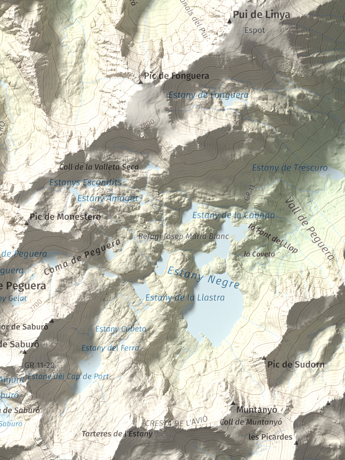 Mapa de relieve de Gran Encantat, 2749 m, Pallars Sobirà, lámina 100 Cims de Trobart. Detalle de la zona inferior derecha. 30 × 40 cm.
