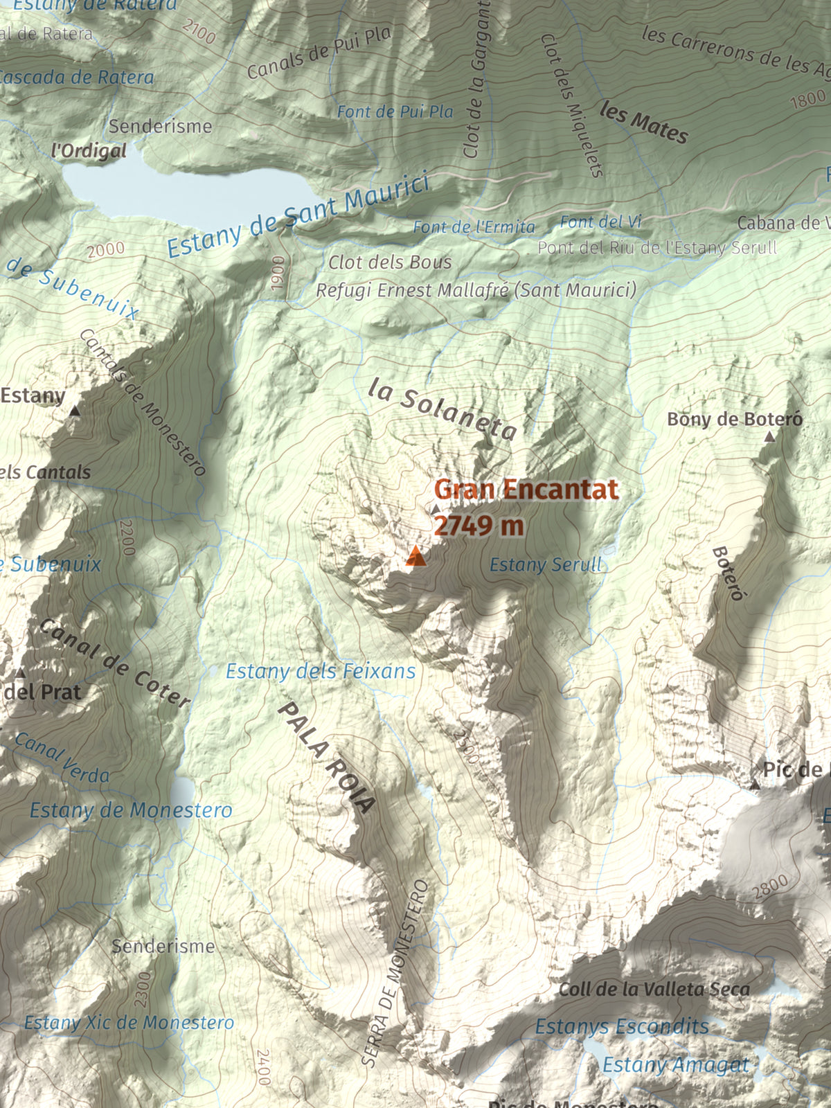 Mapa de relieve de Gran Encantat, 2749 m, Pallars Sobirà, lámina 100 Cims de Trobart. Detalle de la zona central. 30 × 40 cm.