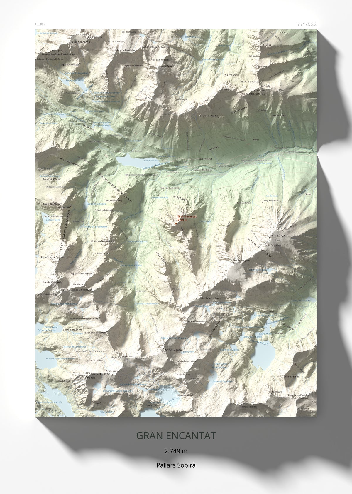 Mapa de relieve de Gran Encantat, 2749 m, Pallars Sobirà, lámina 100 Cims de Trobart 50 × 70 cm.