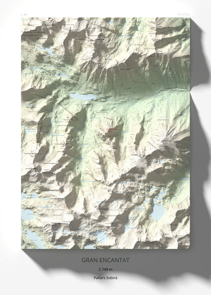 Mapa de relieve de Gran Encantat, 2749 m, Pallars Sobirà, lámina 100 Cims de Trobart 50 × 70 cm.