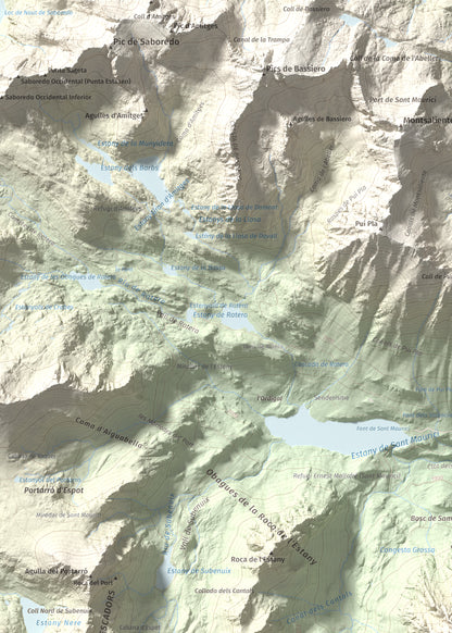 Mapa de relieve de Gran Encantat, 2749 m, Pallars Sobirà, lámina 100 Cims de Trobart. Detalle de la zona superior izquierda. 50 × 70 cm.