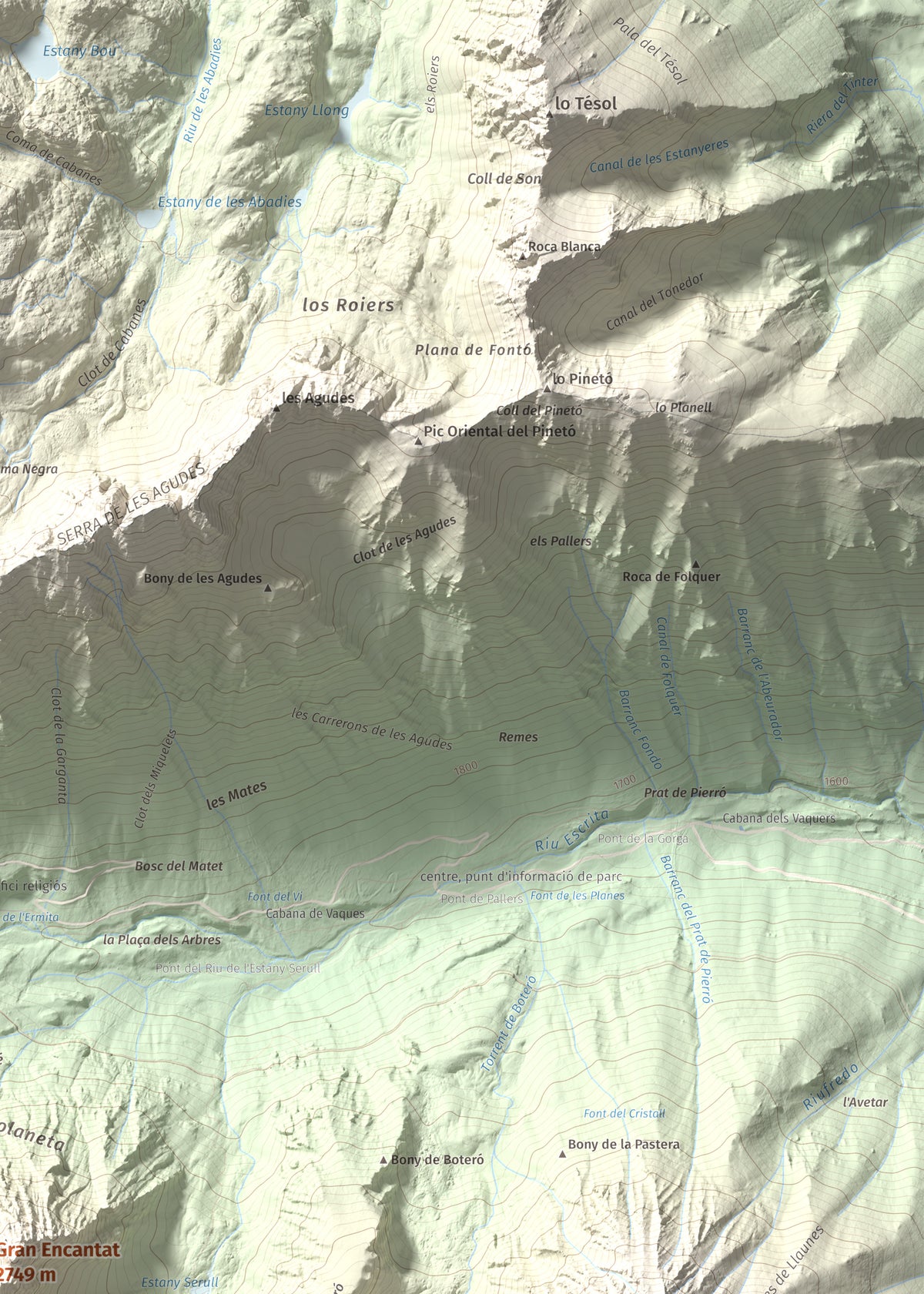 Mapa de relieve de Gran Encantat, 2749 m, Pallars Sobirà, lámina 100 Cims de Trobart. Detalle de la zona superior derecha. 50 × 70 cm.