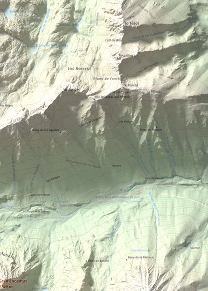 Mapa de relieve de Gran Encantat, 2749 m, Pallars Sobirà, lámina 100 Cims de Trobart. Detalle de la zona superior derecha. 50 × 70 cm.