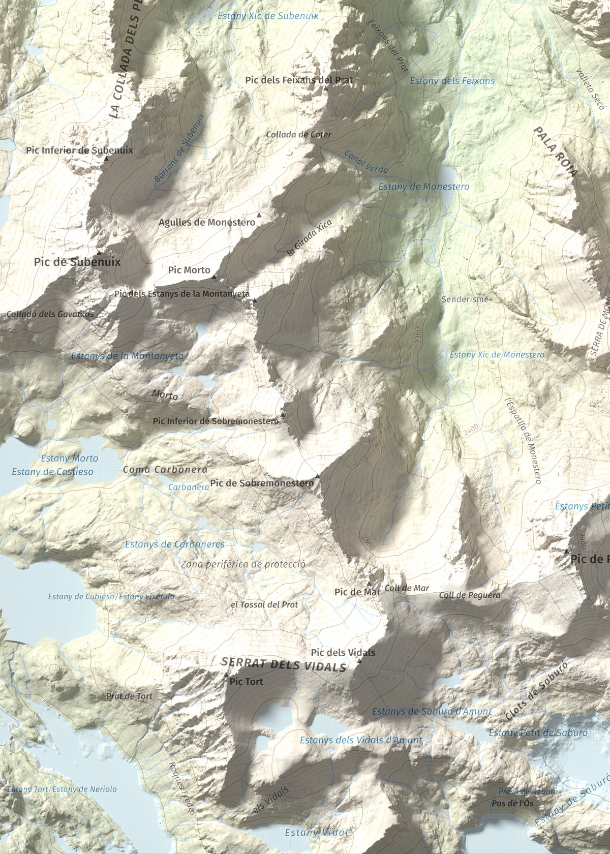 Mapa de relieve de Gran Encantat, 2749 m, Pallars Sobirà, lámina 100 Cims de Trobart. Detalle de la zona inferior izquierda. 50 × 70 cm.