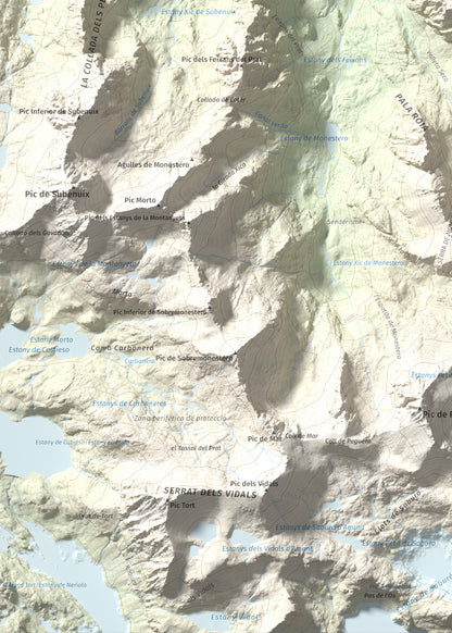 Mapa de relieve de Gran Encantat, 2749 m, Pallars Sobirà, lámina 100 Cims de Trobart. Detalle de la zona inferior izquierda. 50 × 70 cm.