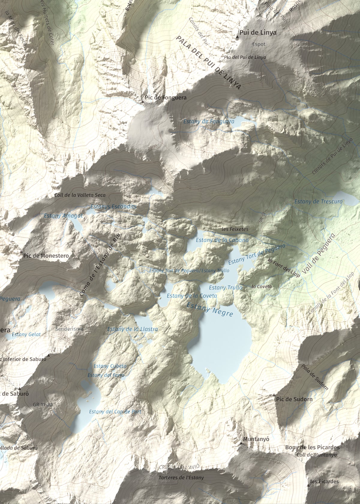 Mapa de relieve de Gran Encantat, 2749 m, Pallars Sobirà, lámina 100 Cims de Trobart. Detalle de la zona inferior derecha. 50 × 70 cm.