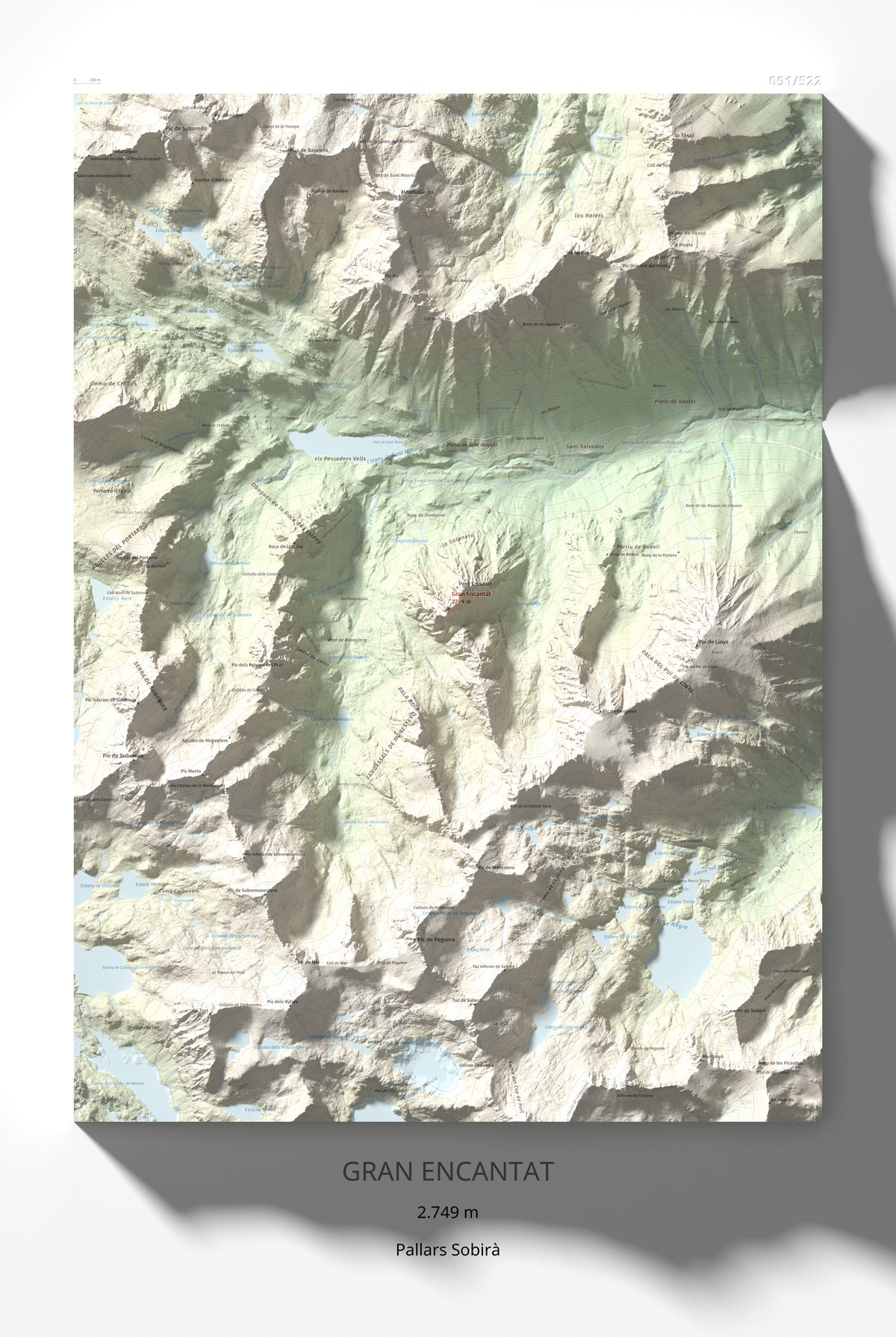 Mapa de relieve de Gran Encantat, 2749 m, Pallars Sobirà, lámina 100 Cims de Trobart 61 × 91 cm.