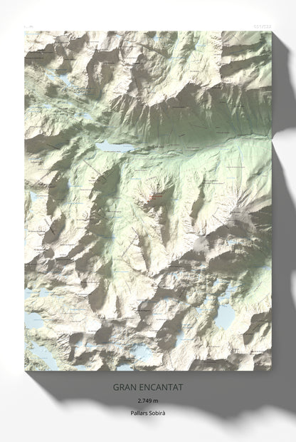Mapa de relieve de Gran Encantat, 2749 m, Pallars Sobirà, lámina 100 Cims de Trobart 61 × 91 cm.