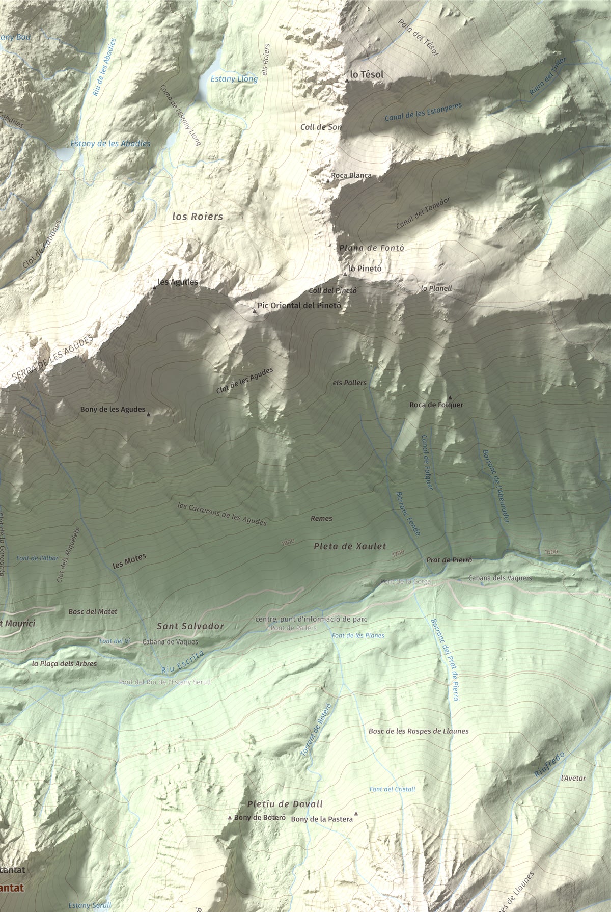 Mapa de relieve de Gran Encantat, 2749 m, Pallars Sobirà, lámina 100 Cims de Trobart. Detalle de la zona superior derecha. 61 × 91 cm.