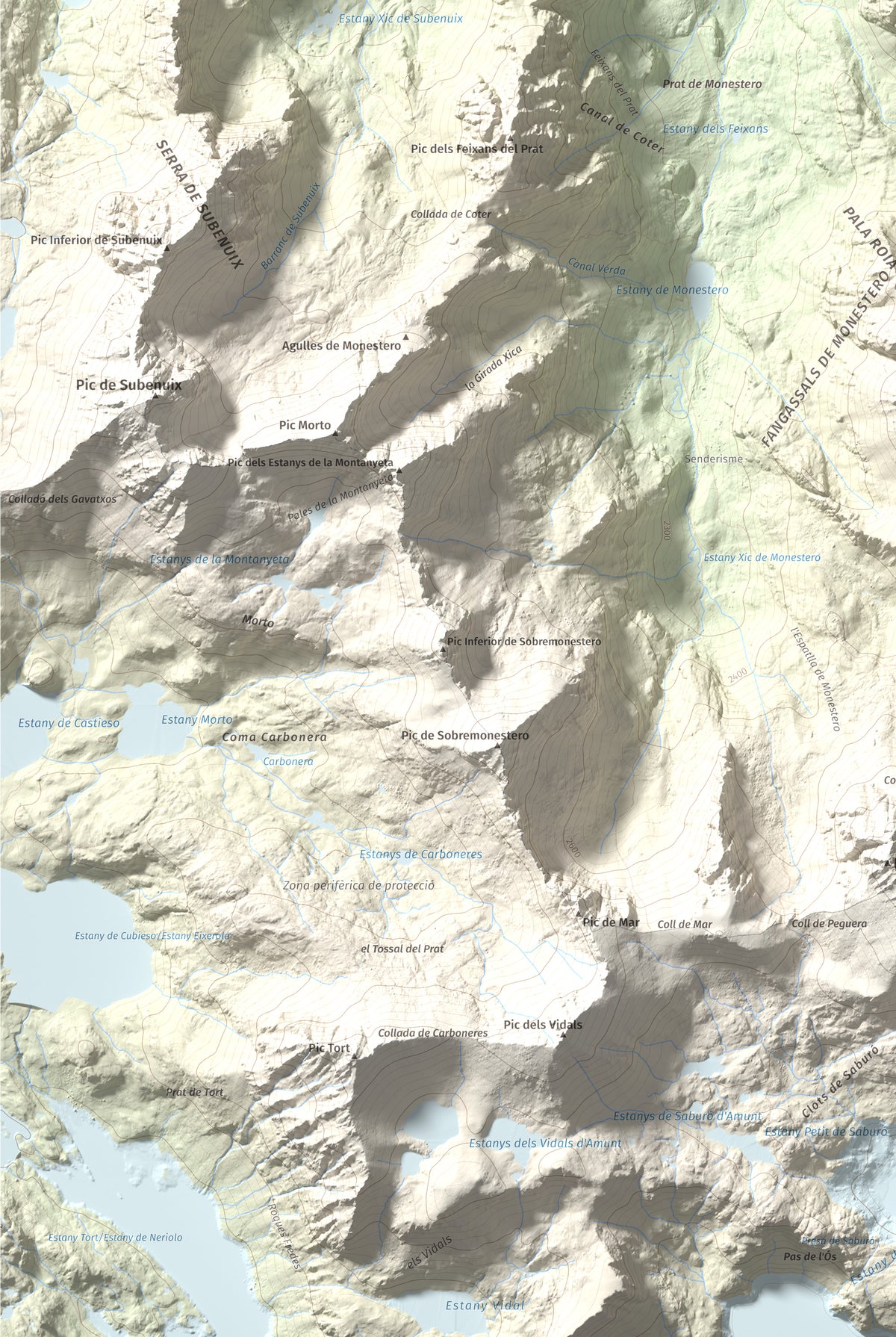 Mapa de relieve de Gran Encantat, 2749 m, Pallars Sobirà, lámina 100 Cims de Trobart. Detalle de la zona inferior izquierda. 61 × 91 cm.