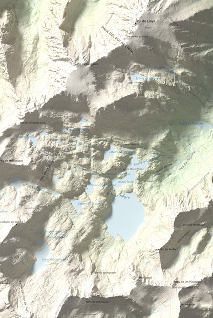 Mapa de relieve de Gran Encantat, 2749 m, Pallars Sobirà, lámina 100 Cims de Trobart. Detalle de la zona inferior derecha. 61 × 91 cm.