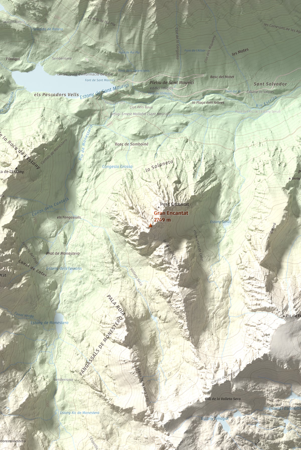 Mapa de relieve de Gran Encantat, 2749 m, Pallars Sobirà, lámina 100 Cims de Trobart. Detalle de la zona central. 61 × 91 cm.