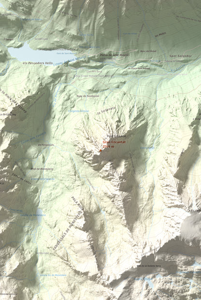 Mapa de relieve de Gran Encantat, 2749 m, Pallars Sobirà, lámina 100 Cims de Trobart. Detalle de la zona central. 61 × 91 cm.