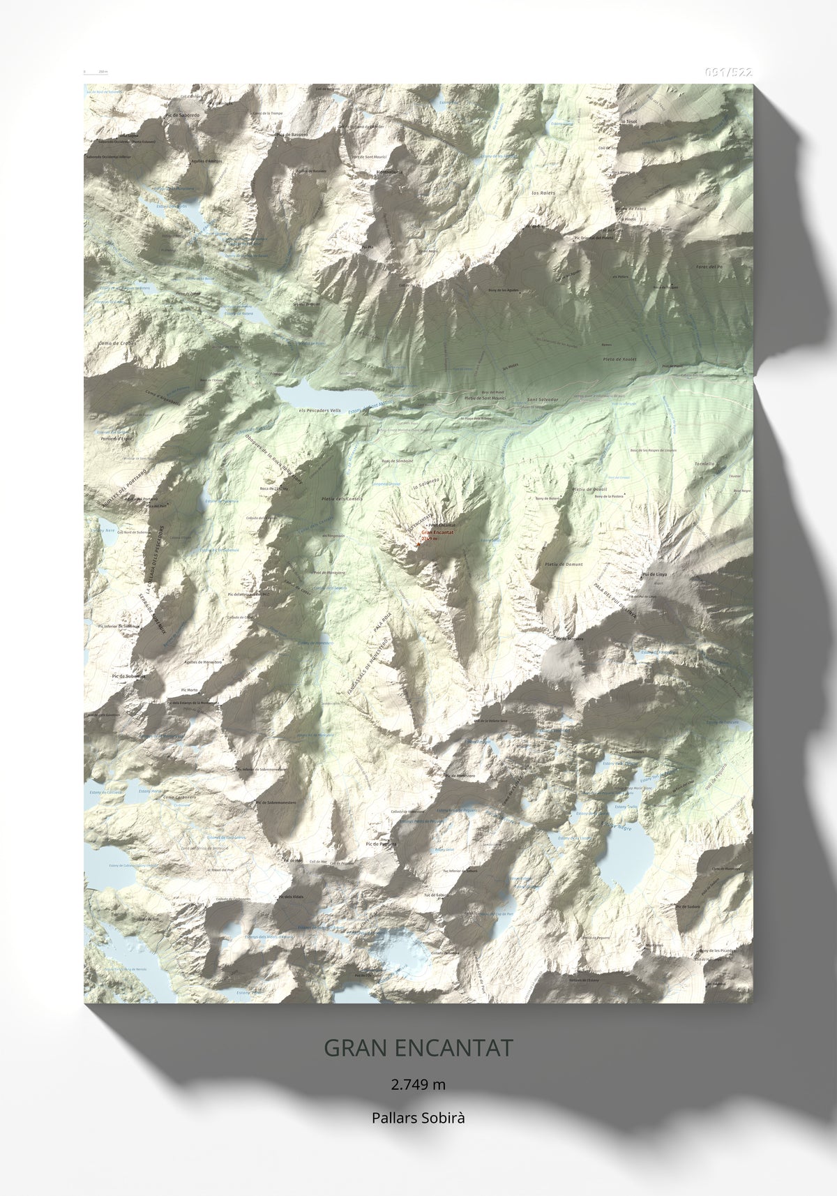 Mapa de relieve de Gran Encantat, 2749 m, Pallars Sobirà, lámina 100 Cims de Trobart 70 × 100 cm.