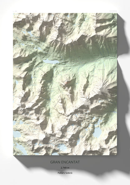 Mapa de relieve de Gran Encantat, 2749 m, Pallars Sobirà, lámina 100 Cims de Trobart 70 × 100 cm.