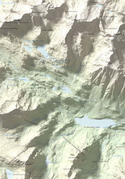 Mapa de relieve de Gran Encantat, 2749 m, Pallars Sobirà, lámina 100 Cims de Trobart. Detalle de la zona superior izquierda. 70 × 100 cm.