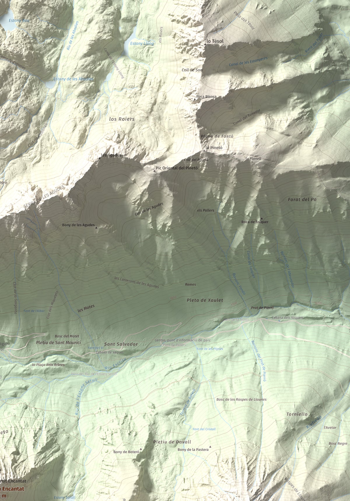 Mapa de relieve de Gran Encantat, 2749 m, Pallars Sobirà, lámina 100 Cims de Trobart. Detalle de la zona superior derecha. 70 × 100 cm.