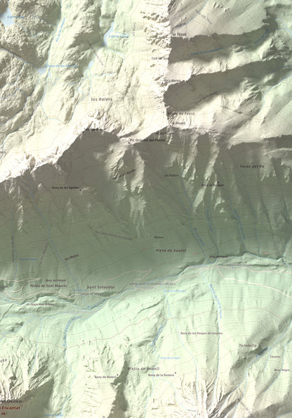 Mapa de relieve de Gran Encantat, 2749 m, Pallars Sobirà, lámina 100 Cims de Trobart. Detalle de la zona superior derecha. 70 × 100 cm.