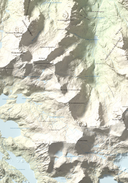 Mapa de relieve de Gran Encantat, 2749 m, Pallars Sobirà, lámina 100 Cims de Trobart. Detalle de la zona inferior izquierda. 70 × 100 cm.
