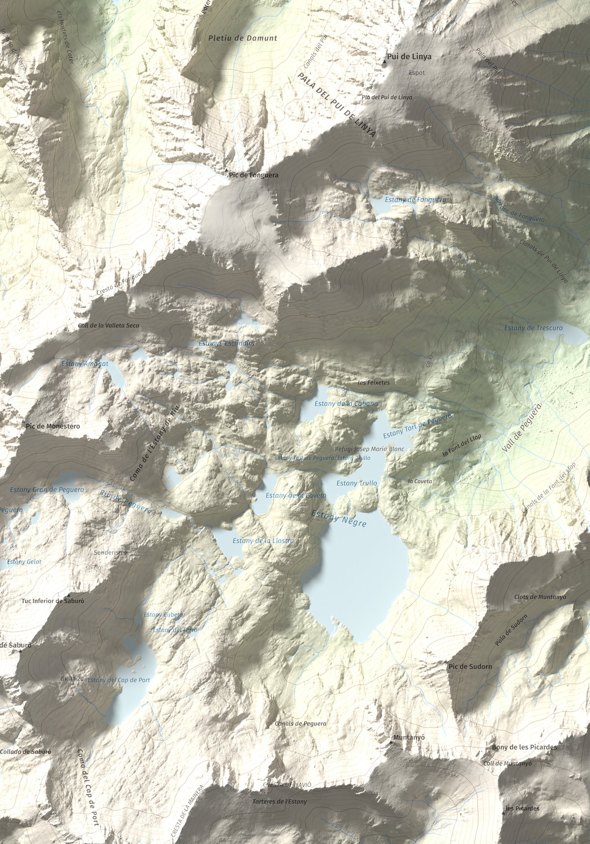 Mapa de relieve de Gran Encantat, 2749 m, Pallars Sobirà, lámina 100 Cims de Trobart. Detalle de la zona inferior derecha. 70 × 100 cm.